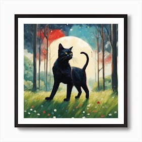 Black Cat In The Moonlight Art Print