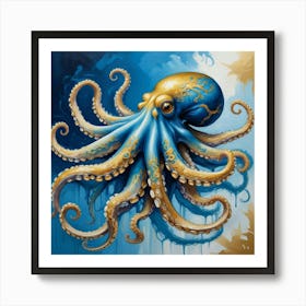 Octopus Blue And Gold Animal Art Print 1 Art Print