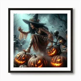 Halloween Scene (Witch With Pumpkins) Art Print