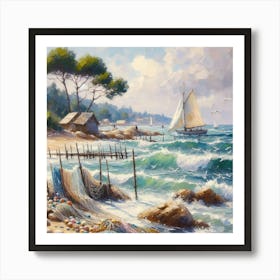 Fishing Nets On The Beach, Acrylic Painting Style Art Print