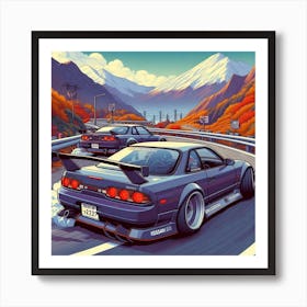Japanese cars drifitng down a mountain pass 2 Art Print