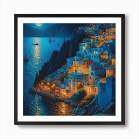 Santorini Greece Town At Night Art Print