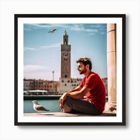 Man In Red Sitting On A Ledge Art Print