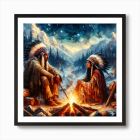 Oil Texture Native American Couple By Stream 4 Copy Art Print