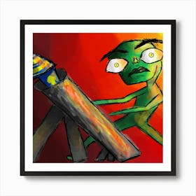 Green Alien With A Gun Art Print
