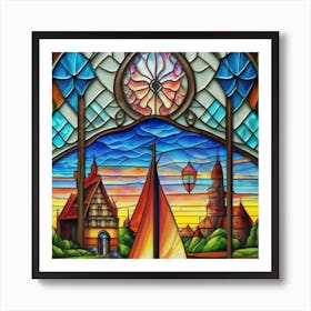 Image of medieval stained glass windows of a sunset at sea 4 Art Print