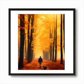 Man Walking His Dog In The Forest Art Print