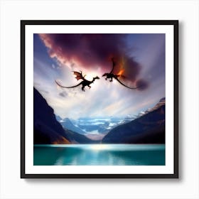 Dragons over beautiful Lake Louise Art Print