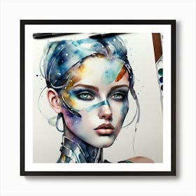 Robot Girl Watercolor Painting Art Print