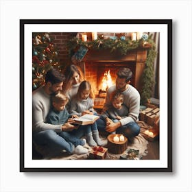 Family Reading Christmas Book In Front Of Fireplace 1 Art Print