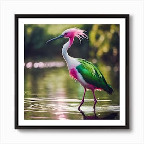 Green, White and Pink Crested Wading Bird Art Print