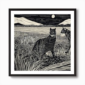  Abstract Black Panthers In The Grass Linocut Illustration Art Print