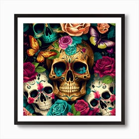 Sugar Skulls And Roses Art Print