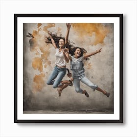 Happy Young Women Jumping In The Air Art Print