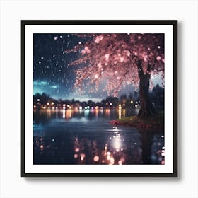 Multicoloured Lights on the Lake with Illuminated Cherry Blossom Art Print