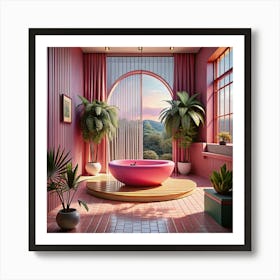 Pink Retro Bathroom Interior Design With Lush Plants Art Print