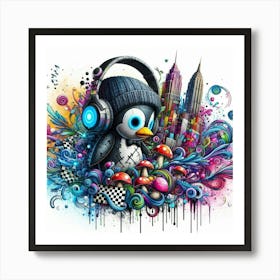 Penguin With Headphones 1 Art Print