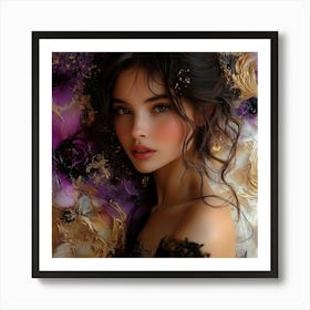 Beautiful Woman With Purple Flowers Art Print