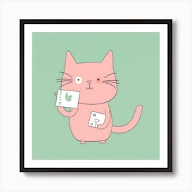 Pink Cat Holding Cards Art Print