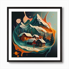 Abstract painting of a mountain village with snow falling 10 Art Print