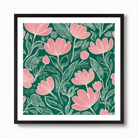 Pink Flowers On Green Background Art Print