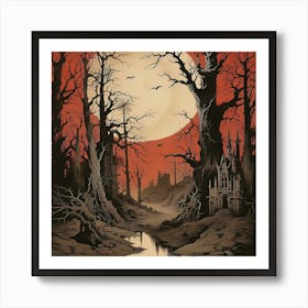 Comic Gothic Macabre Vampire Haunted Red Sky Art Print