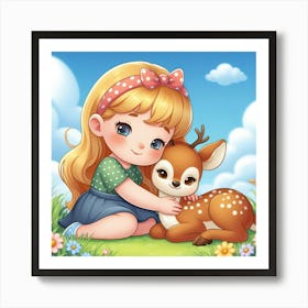 Cute Little Girl Hugging A Deer 1 Art Print