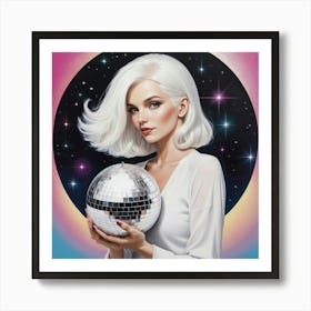 Woman With White Hair Holding A Disco Ball Art Print 0 Art Print