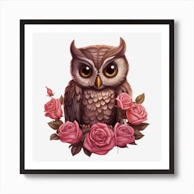 Owl With Roses 20 Art Print