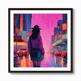 Neon Girl Walking In The Rain Art Print