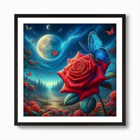 Red Rose And Butterflies Art Print