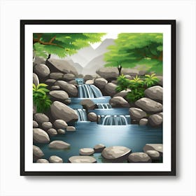 Waterfall In The Forest, A Serene Zen Garden With Flowing Water And Rocks Symbolizing Tranquility And Equilibrium Art Print