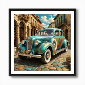 Antique Car On Cobblestone Street Art Print