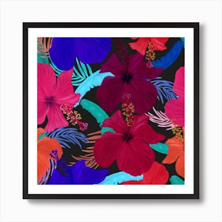 Cute Hibiscus And Tropical Leaves Vibrant Pattern Square Art Print