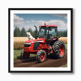 Red Tractor With A Dog Art Print