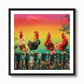 Rainbow Retro Chickens On The Fence 3 Art Print
