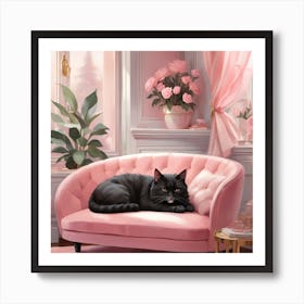 Cat Nap Tuxedo Cat Napping In Pink Interior Art Print 6 Art Print