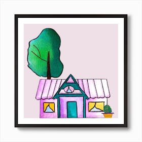 Purple Cute House Square Art Print