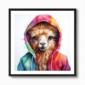 Watercolour Cartoon Llama In A Hoodie 1 Art Print