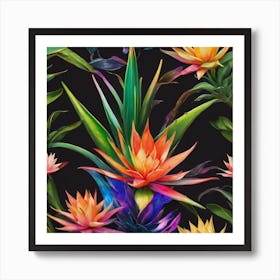 Tropical Flowers On A Black Background Art Print