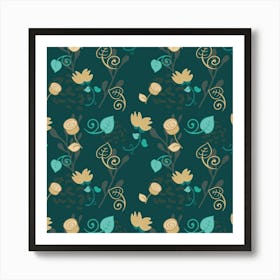 Flowers Leaves Pattern Seamless Green Background Art Print