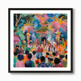 Balinese Temple Ceremony in Style of David Hockney Poster