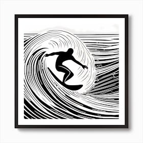 Linocut Black And White Surfer On A Wave art, surfing art, 262 Art Print