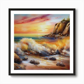 Artwork, oil colors, sea and sunset, seashore, beach rocks.San Francisco, USA.10 Art Print