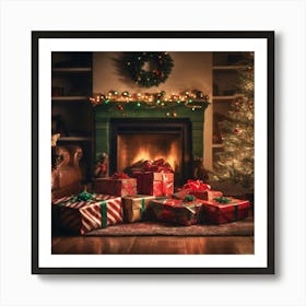 Christmas Presents Under Christmas Tree At Home Next To Fireplace Haze Ultra Detailed Film Photog (7) Art Print