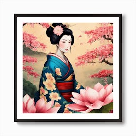 Japanese Botanical And Geisha Art Print 3 Art Print