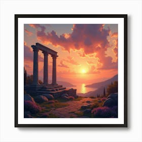 Dreamlike Watercolor Sunset Over Ancient Ruins 1 Art Print