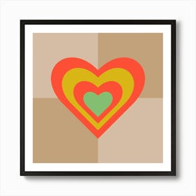 LOVE HEARTS CHECKERBOARD Single Retro Alt Valentines in Coral Yellow Green on Cream Beige Geometric Grid Art Print
