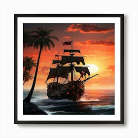 Pirate Ship At Sunset Art Print