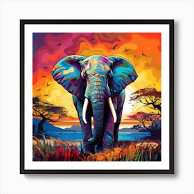 Elephant At Sunset Art Print